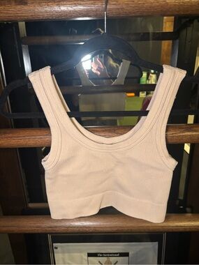 Ribbed Scoop Neck Crop Tank - Beige